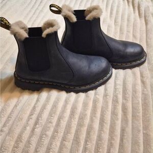 Dr. Martens Black Leather Chelsea Boots with Beige Fur Trim
